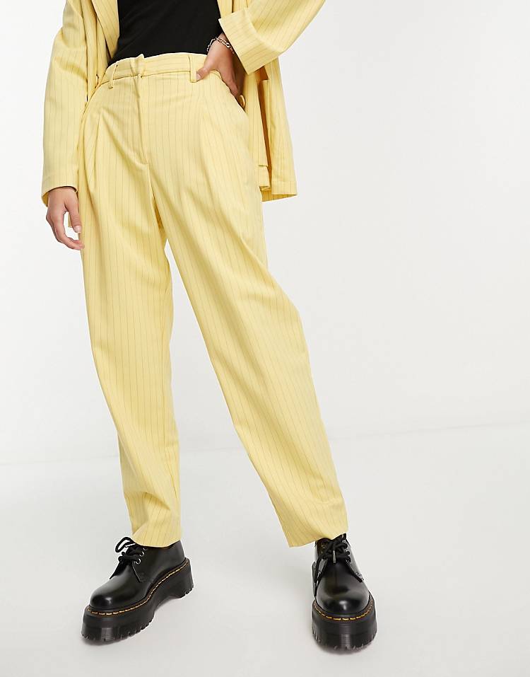 Monki blazer and tapered pants set in yellow pinstripe